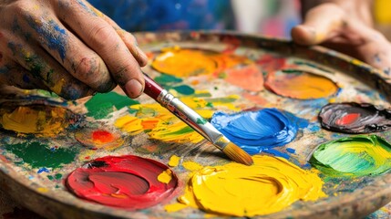 Obraz premium An artist's hand skillfully mixes bright paints on a palette, showcasing a variety of colors. The studio is lively, filled with artistic materials and inspiration