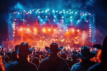 A lively country music festival showcasing cowboys in hats and boots, set against a rodeo backdrop, 