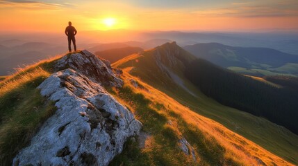 A solitary figure stands atop a rocky mountain ledge, admiring the vibrant colors of the sunset illuminating the landscape and distant hills, creating a tranquil and breathtaking view