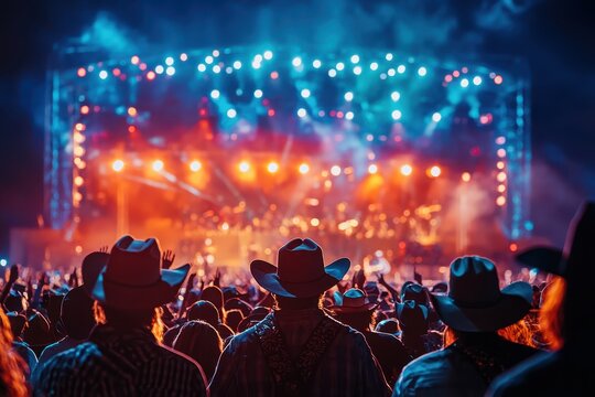 A lively country music festival showcasing cowboys in hats and boots, set against a rodeo backdrop, stampede Calgary, Alberta Canada