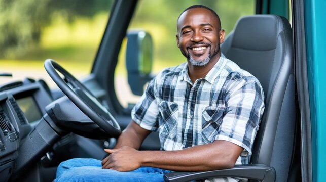 A cheerful truck driver relaxes in the cabin of his vehicle, enjoying the sunny day. The vibrant green background creates a welcoming atmosphere for a day on the road
