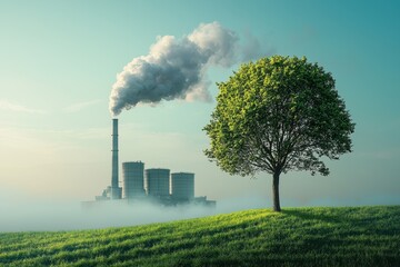 A modern power plant integrated with eco-friendly design, featuring a tree to symbolize green industry and sustainable energy, promoting environmental conservation and energy efficiency..