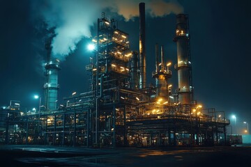 A nighttime view of an oil facility, glowing with bright industrial lights and active machinery, highlighting the intense operations and scale of the oil industry under the cover of darkness..