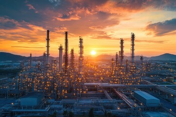 An oil refinery featuring towering distillation columns silhouetted against a vibrant sunset, highlighting the industrial complexity and beauty of the scene as day turns to night..