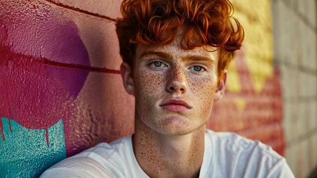 A young man with red hair and freckles leans against a colorful wall