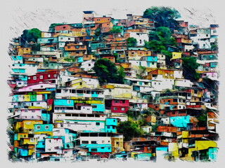 Oil brush effect of a colorful barrio in Caracas (Venezuela).