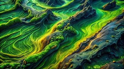 Abstract Green Lava Landscape with Wave Motion - Vertical Format, Fluid Patterns in Nature, Captivating Textures and Tones for Stunning Visual Impact