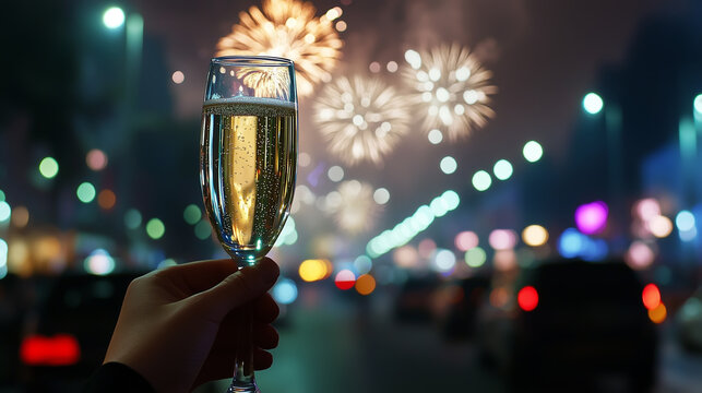 hand holding a glass of champagne with a blurred background of fireworks on city streets during new year celebration