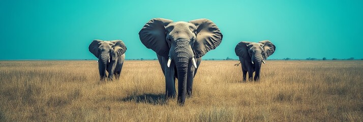 A trio of elephants roams the golden grassland, enjoying the warm sunlight in a serene savannah setting