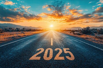 An empty road with "2025" and an arrow painted on the asphalt, pointing toward the horizon, symbolizing the journey toward a positive and successful future in the new year 2025..