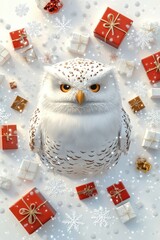 A majestic snowy owl surrounded by festive gifts and snowflakes, evoking the warmth of winter celebrations and the magic of the holiday season
