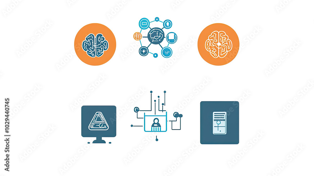 Poster collection of machine learning and ai brain icons on white background generative ai