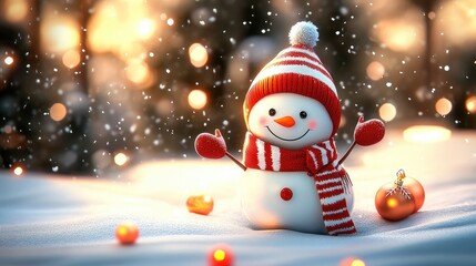 Fototapeta premium A cheerful snowman with a vibrant red hat and scarf greets the winter season, surrounded by glistening snowflakes and twinkling lights in a cozy holiday atmosphere