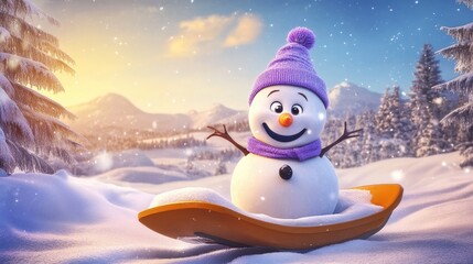 Fototapeta premium A cheerful snowman enjoys a winter day on a sled, surrounded by sparkling snow and majestic mountains in a vibrant sunset landscape