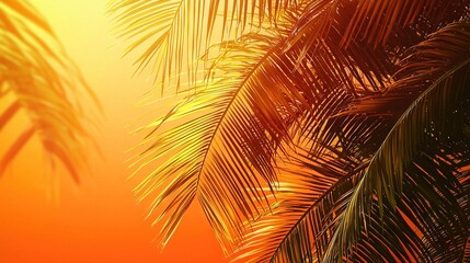   Close-up of a palm tree against a bright orange sky