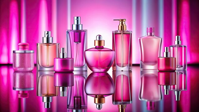 Perfume flacons and cosmetic bottle mockup with colorful pigments dust presentation
