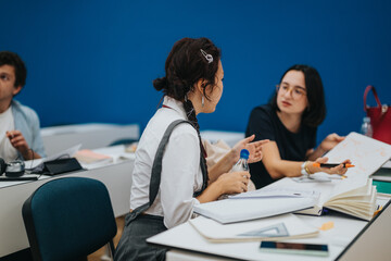 Students work together during a classroom session while receiving guidance from the professor. They are focused on their tasks, illustrating collaboration and active learning.