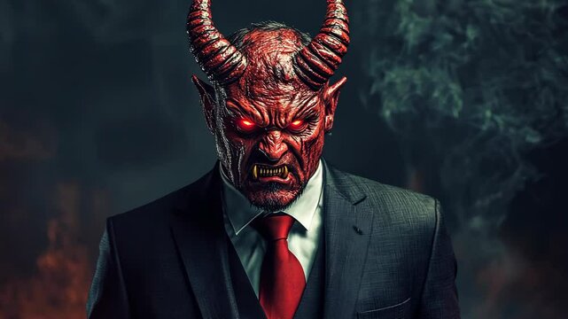 A man with red horns and a demonic mask stares intently into the camera, wearing a dark suit and red tie