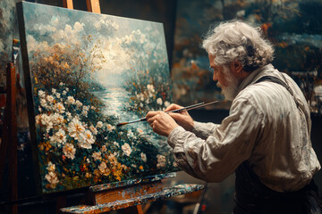A painter creating life-like landscapes on a canvas, symbolizing the act of creation. Concept of artistic creation.