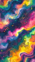  A vibrant abstract painting features a splattered base in shades of blue, yellow, pink, green, purple, orange, and pink