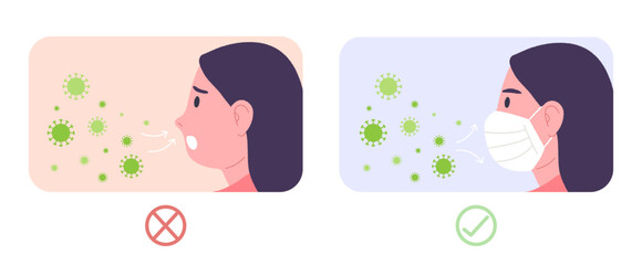Woman not wear face mask may get infected with virus and woman wear protective face mask to prevent virus and germs. Concept of health care, respiratory system, illness, pandemic, medical, Flu virus.