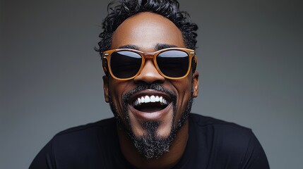 Obraz premium A joyful man wearing sunglasses and smiling brightly in a dark, simple backdrop during a relaxed indoor setting