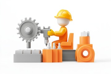 A factory worker operating machinery, safety helmet and gloves, 3D rendering, isolated on white background