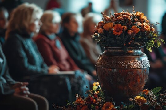 A somber scene of mourners at a funeral bidding their final farewell to a loved one, with the ashes placed in an urn, capturing grief, remembrance, and the emotional depth of loss..