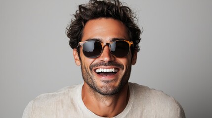 Obraz premium A smiling man with curly hair wearing sunglasses and a light sweater poses against a neutral background in a cheerful indoor setting