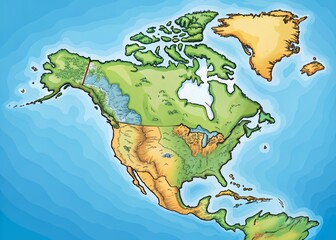 Hand-Drawn Cartoon Style Political Map of North America with Bathymetry and Handwritten Labels