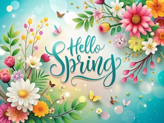Hello Spring Card Design with Hand Lettered Text Vector, Floral Elements, Seasonal Greetings, Springtime Background, Bright Colors, Nature Inspired, Modern Typography, Artistic Card Design