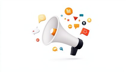 A megaphone with business icons, marketing campaign concept, flat design, isolated on white background