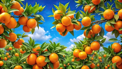 Seamless pattern of oranges on branches with green leaves against a blue sky