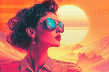 Obraz premium retro futuristic illustration, digital art of a stylish retro woman in a futuristic setting with geometric patterns and room for text