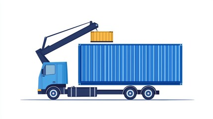 A shipping container being loaded onto a truck, logistics and transportation, vector art, isolated on white background