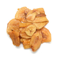 Banana chips on white background