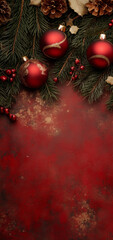 Festive Red and Green Christmas Background with Ornaments and Pine Branches