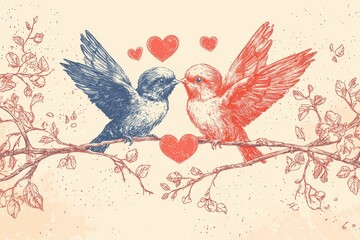 Obraz premium A playful and charming banner featuring adorable illustrations of cupids and lovebirds, perfect for celebrating love and romance with a whimsical and lighthearted design..