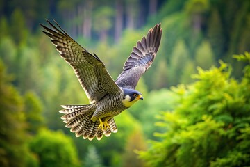 Fototapeta premium photo of Peregrine Falcon swooping over green forest