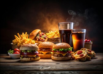 Silhouette of Unhealthy Fast Food Collection on Table - Ultra-Processed Junk Food Concept with Low Nutrition Value and High Caloric Content for Health Awareness and Nutritional Education