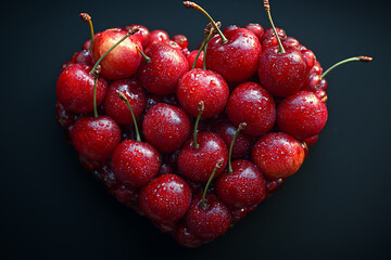 A heart made of cherries, symbolizing the antioxidant properties of fruits for heart health. Concept of nutrition.
