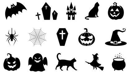 halloween icons set isolated on white ghost coffin castle cat witch spider web pumpkin halloween set in black and white