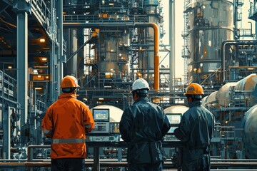 Workers overseeing the operation of heavy machinery in a bustling oil processing plant, ensuring efficient production and safety in an industrial environment focused on energy output..