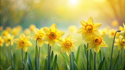 Obraz premium Minimalist spring flower field with bright yellow Easter bells daffodils Narcissus