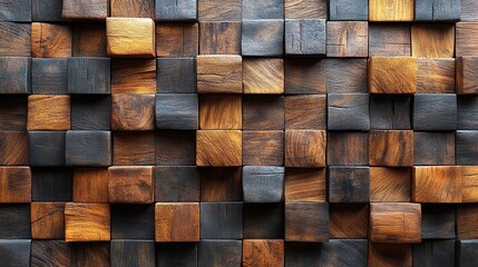 Fototapeta premium Detailed texture of 3D wooden wall with dark and light wood blocks creating a geometric pattern. Natural brown and grey tones with depth and shadow. Perfect for backgrounds and design projects.