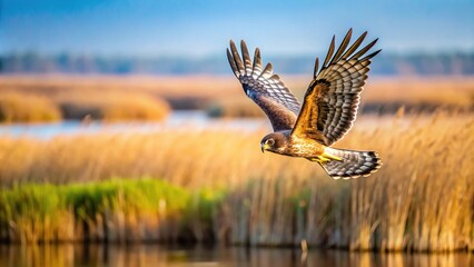 Fototapeta premium Northern Harrier flying over marshland searching for prey