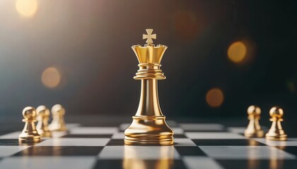 Majestic golden king on a chessboard, surrounded by pawns, symbolizing leadership and dominance, dramatic light and reflections