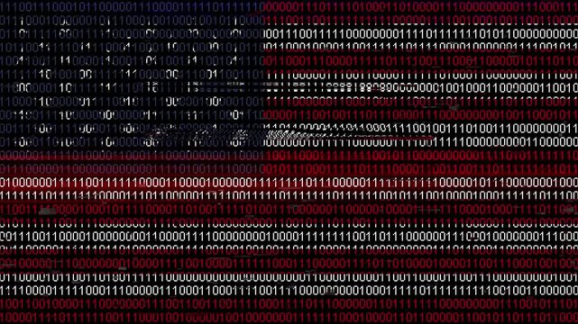 Binary code on flag of United States. Program source code or Hacker concept on American or United States of America flag. USA digital technology security, hacking or programming concept.
