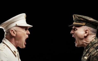 Military drill sergeant in a tense confrontation, shouting at recruit, focus on strict training and discipline, commanding presence