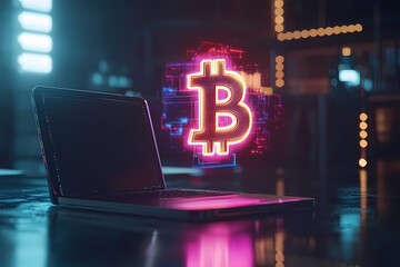  image of an augmented reality  hologram displaying a Bitcoin symbol hovering above a laptop on a table